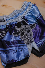 Load image into Gallery viewer, Cowboy Skull Six Shooter Blue Muay Thai Signature BMF Shorts
