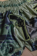 Load image into Gallery viewer, Cowboy Skull Six Shooter Green Muay Thai Signature BMF Shorts
